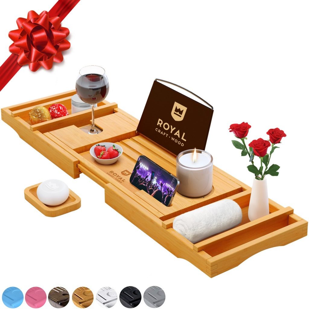 Royal Craft Wood Natural Bamboo Luxury Bathtub Caddy Tray Organizer for Bath Products